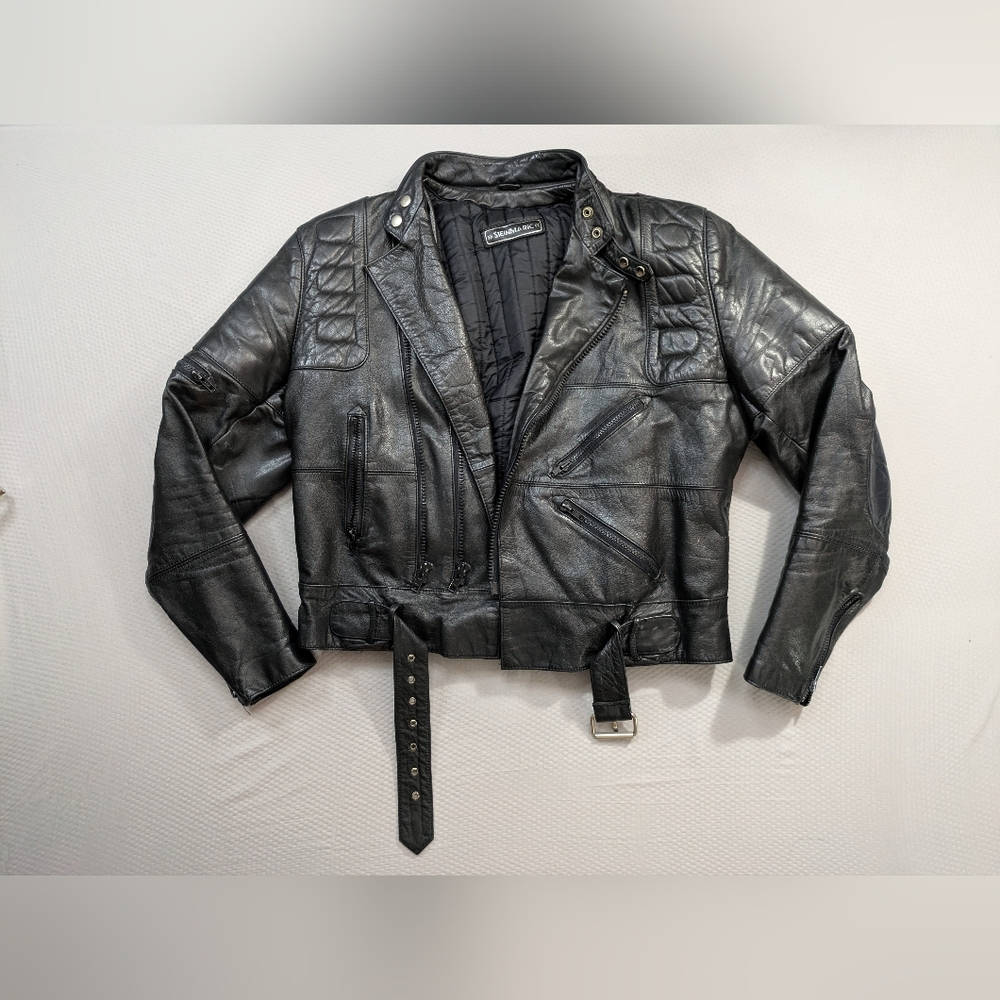 VTG Steinmark Leather Biker Jacket Black Size 42 Motorcycle Padded Heavy Leather